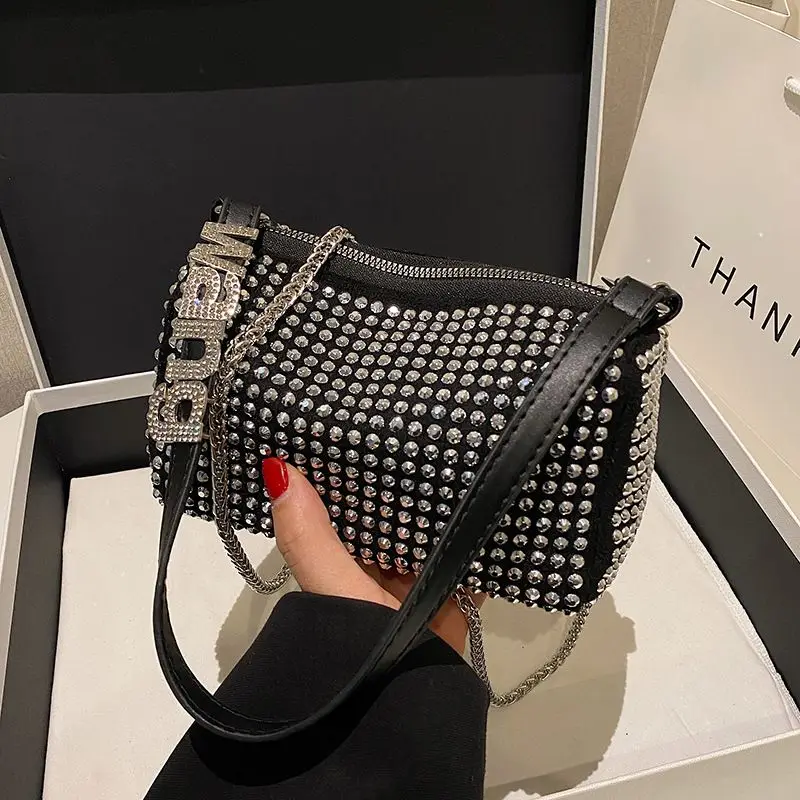 

Diamonds aw 2023 bag new women's leather chain inlaid with bright hand-held underarm women's bag designer women luxury handbags