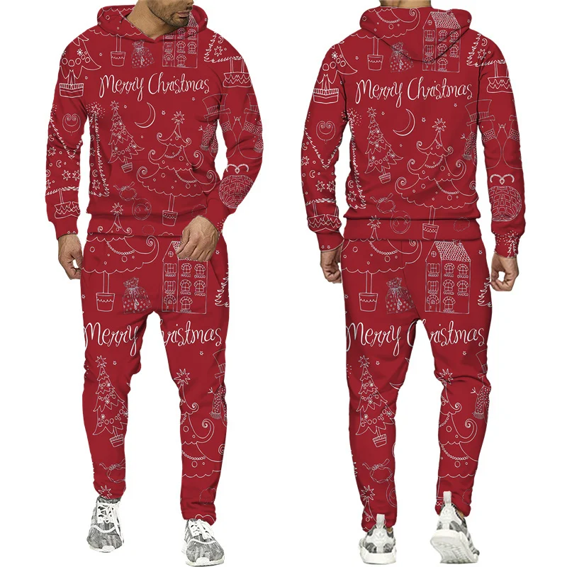 Костюм мужской с капюшоном и брюками свитшот 3D принтом на Рождество модная