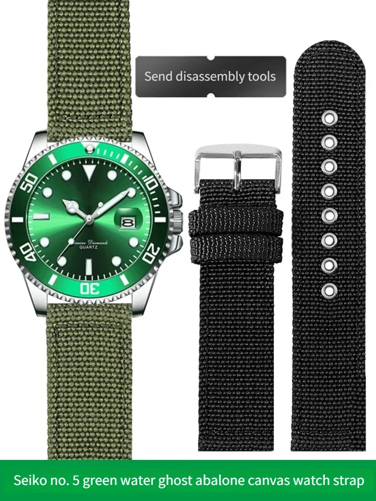 Canvas Watch Strap Men's 20 22 24mm Adaptive S-e-i-k-o No. 5 Green Water Ghost Abalone Canned Nylon Bracelet
