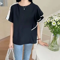 2022 korean womens t shirt one shoulder lotus leaf trim loose round neck short sleeved shirt patchwork irregular ladies top