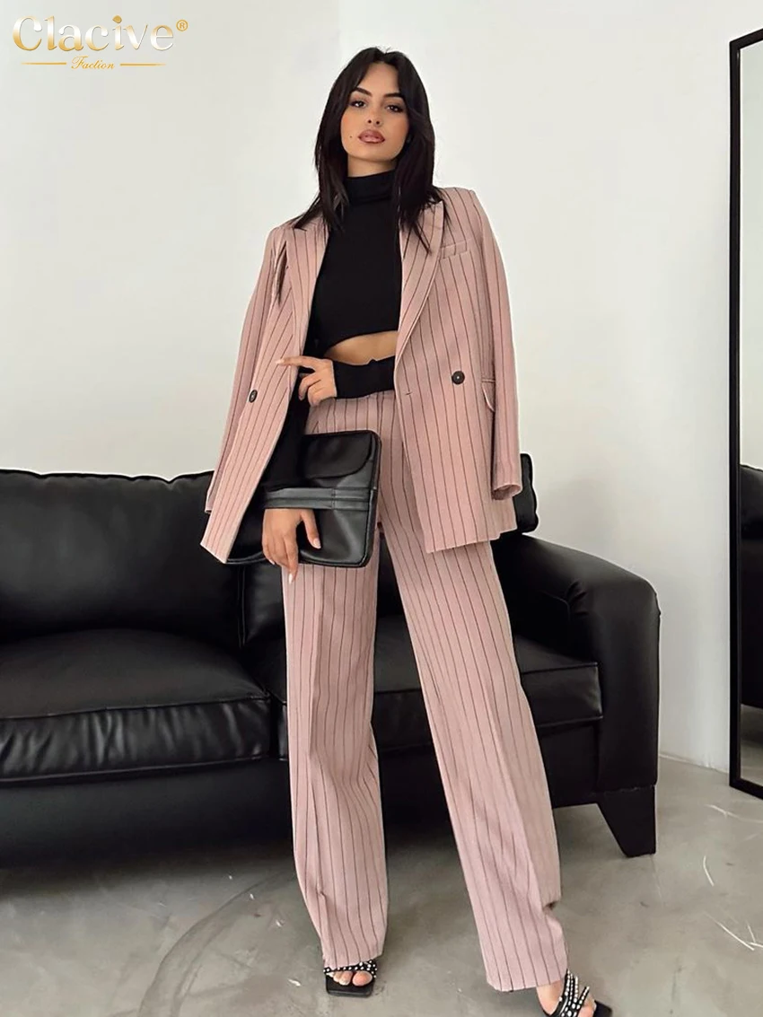 

Clacive Fashion Pink Stripe Pants Set Woman 2 Pieces Elegant Long Sleeve Blazers Matching High Waist Office Wide Trousers Suits