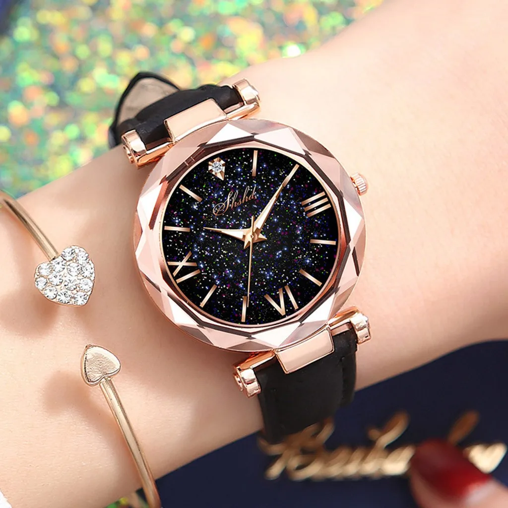 

Casual Women Romantic Starry Sky Wrist Watch Leather Rhinestone Designer Ladies Clock Simple Dress Gfit Montre Femme @a30