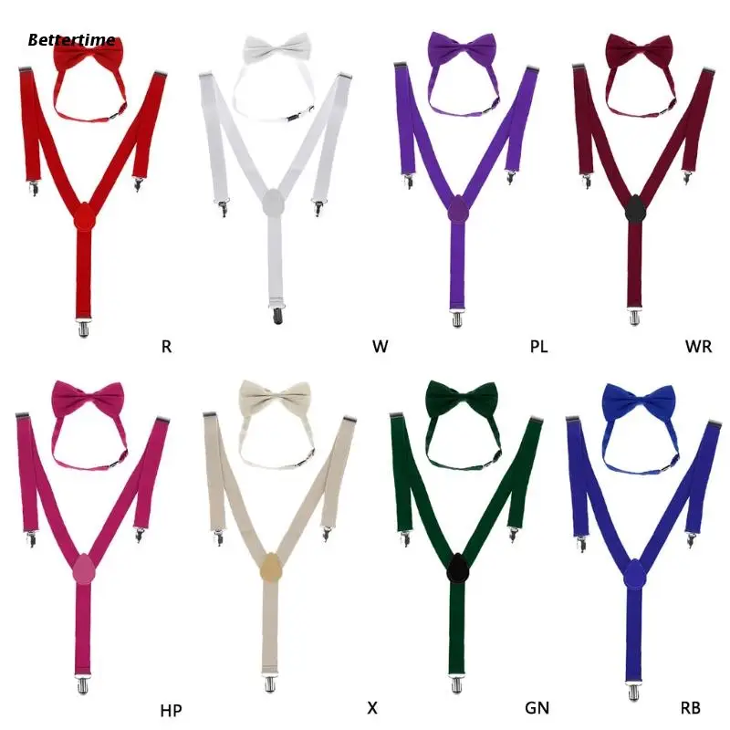 

B36D Unisex Adjustable Y-Back Suspenders Bow Tie Set Clip-On Braces Elastic Wedding
