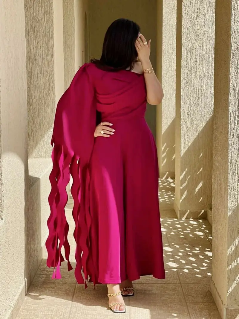 Women Elegant Luxury Evening Jumpsuit Sexy One-Shoulder Irregular Long Sleeve New Burgundy Cut-out Exquisite Prom Party Dresses