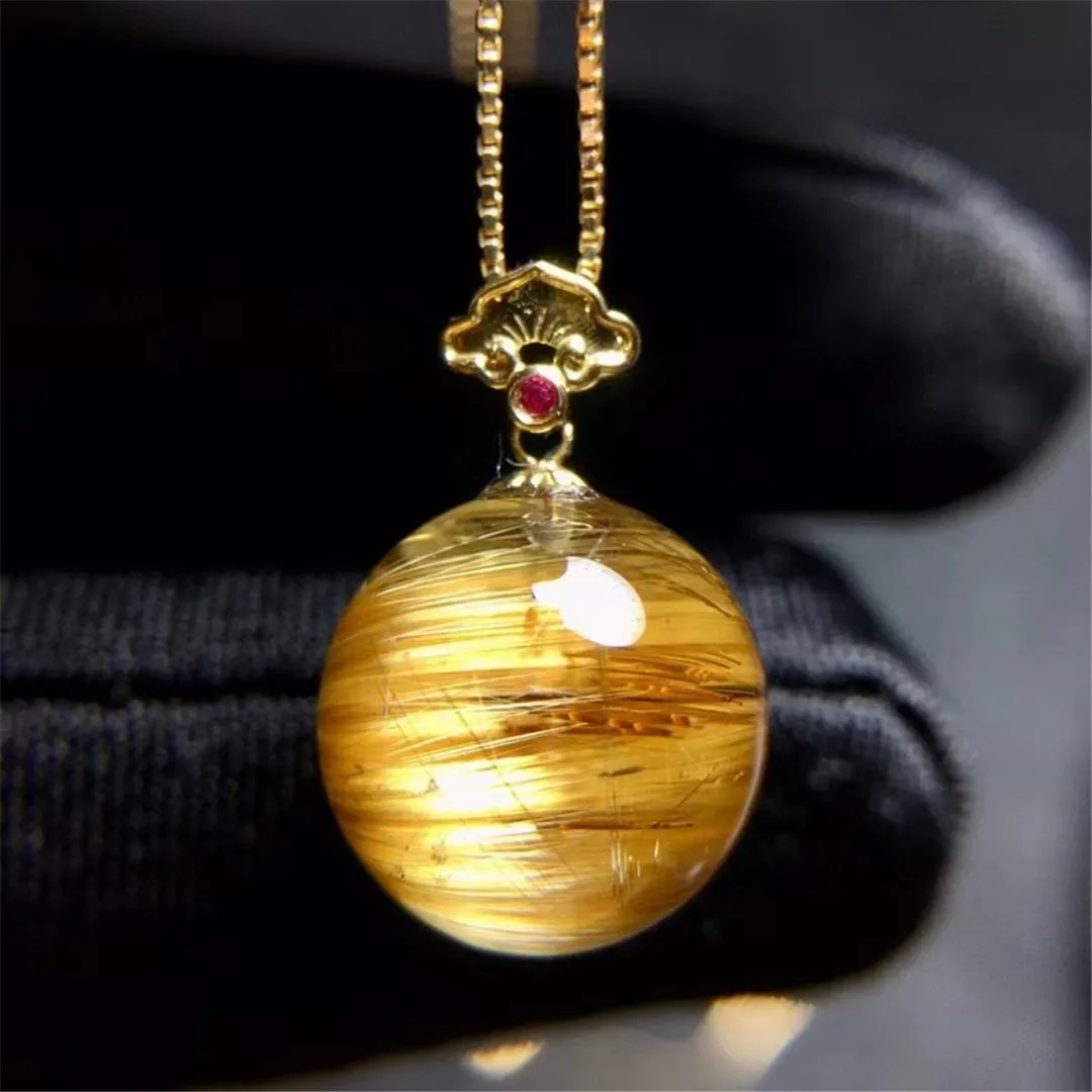 

11mm Natural Gold Rutilated Quartz Pendant Jewelry For Woman Man Love Gift Healing Gemstone Wealth Crystal Beads 18K Gold AAAAA