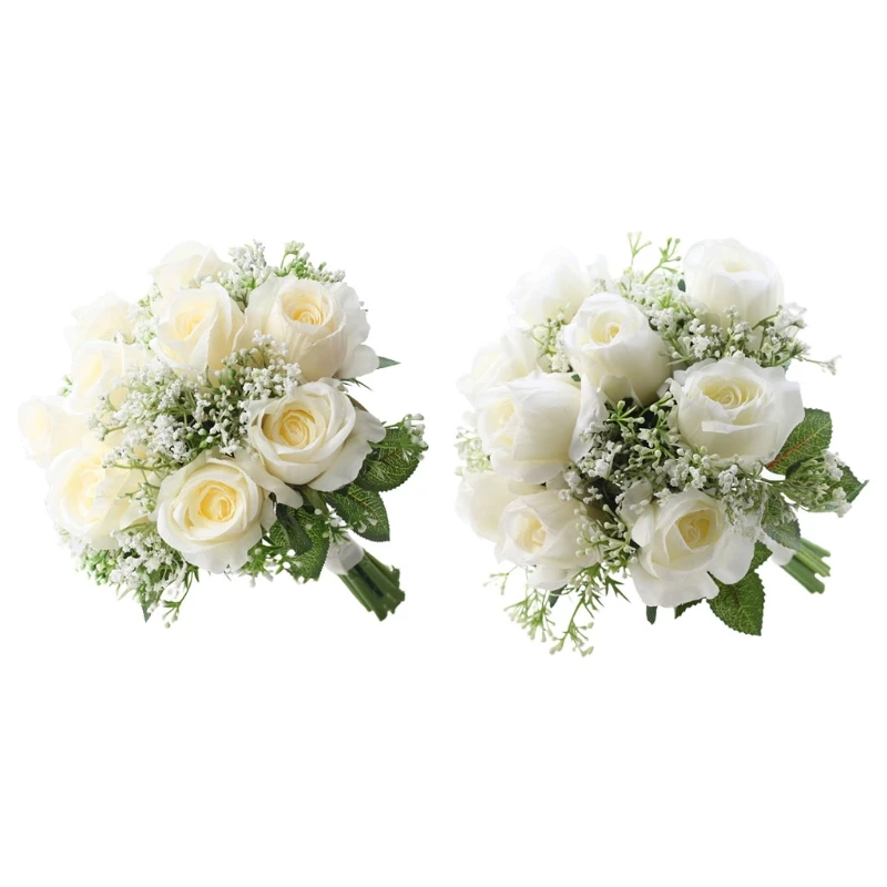 

Artificial Flower Roses with Babysbreath Leaves Wedding Bridal Bouquet Realistic Faux Plants Table Party Decoration DropShip
