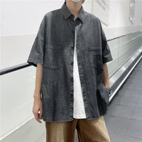 summer denim shirts mens fashion vintage pocket casual shirts mens japanese streetwear loose short sleeve shirts men m 2xl