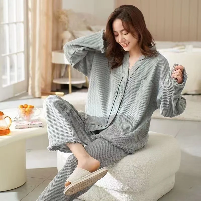 

Pajama Sets Women Cotton Sleepwear V-Neck Long Sleeve Trousers Casual Pijamas 2 Piece Set Nightwear Female Homewear