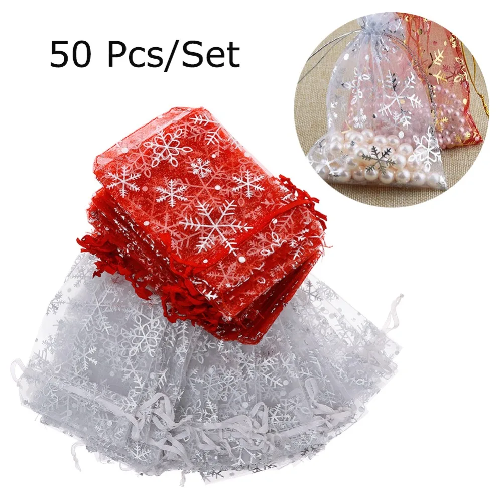 50 Pcs/Set Snowflake Pattern Organza Bags Christmas Gift Can