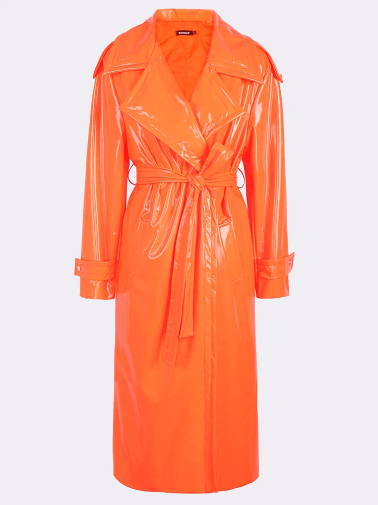 Nerazzurri Autumn Long Loose White Orange Shiny Reflective Patent Leather Trench Coat for Women Sashes Single Breasted Fashion