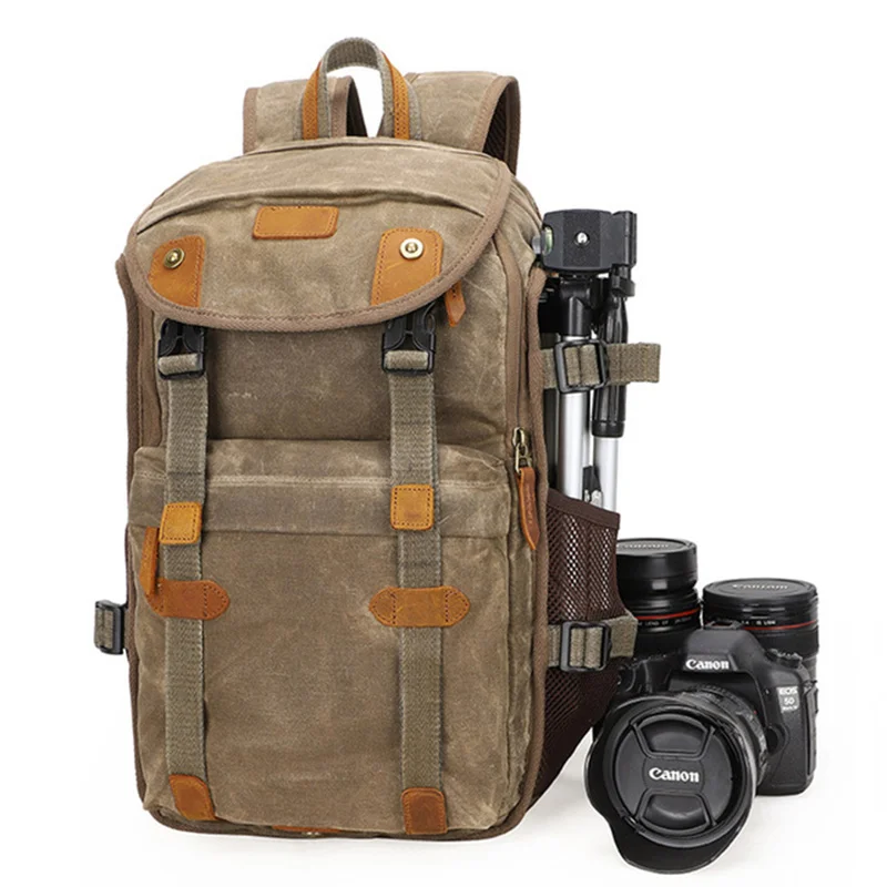 Waterproof Batik Canvas+Crazy Horse Leather Camera Bags Outdoor Photography DSLR/SLR Backpack Fotocamera SLR Bag for Nikon Canon