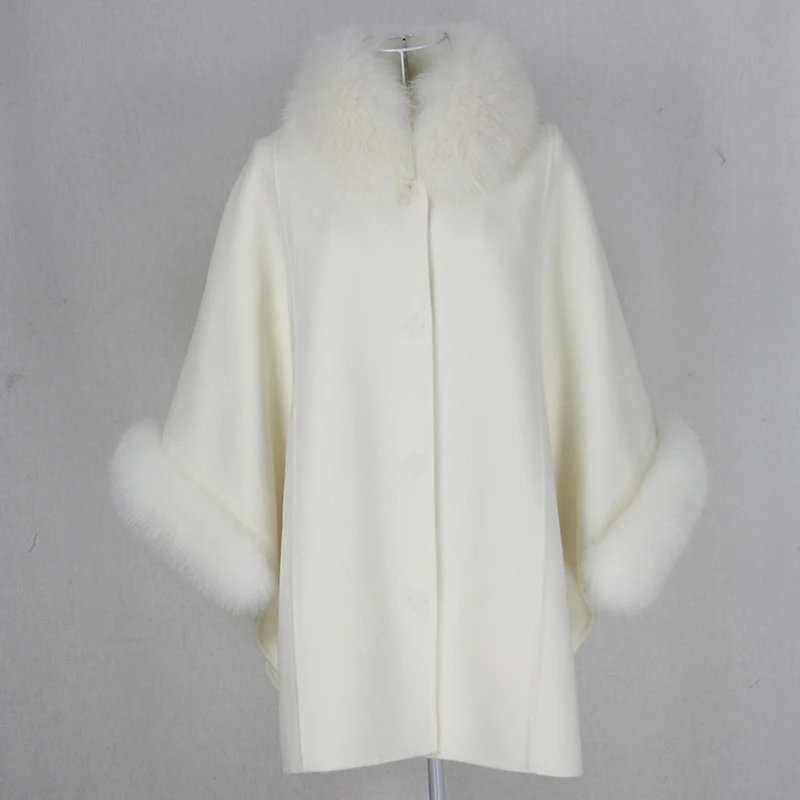 

Aoottii 2022 New White Cloak Cashmere Wool Blends Real Fur Coat Winter Jacket Women Natural Fox Fur Collar and Cuffs Streetwear