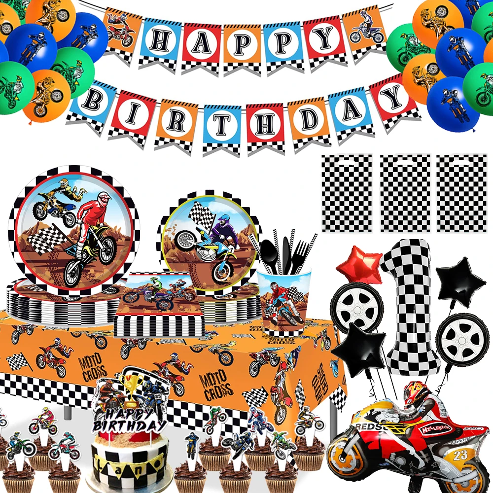 

Motocross Dirt Bike Party Tableware Cups Plates Balloons Banner Boys Kids Motorcycle Birthday Party Decoration Favors Supplies