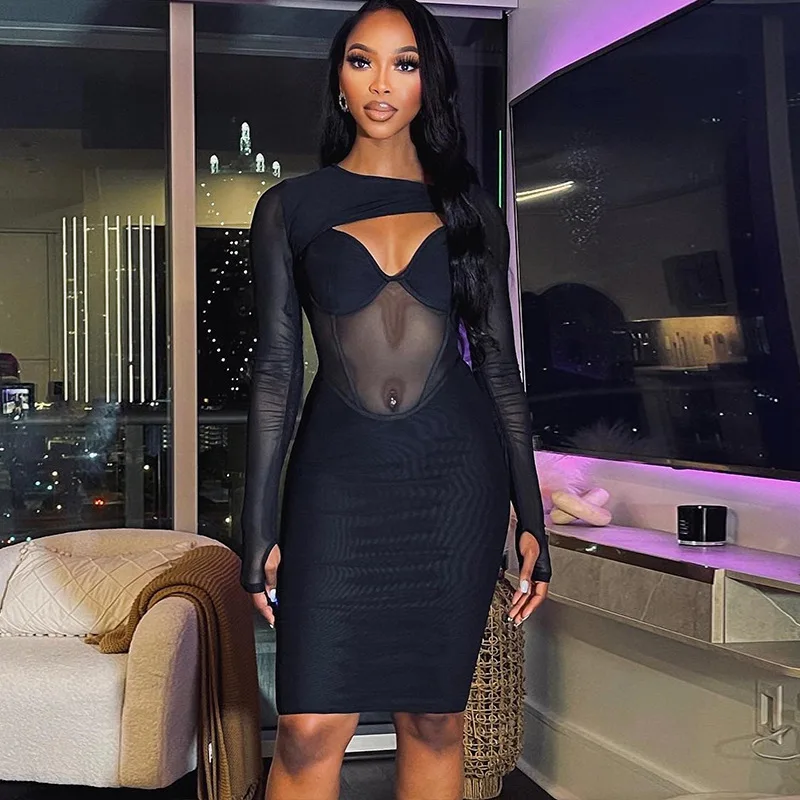 

Streetwear 2023 Autumn Sexy Women Package Hip Gauze Hollow Out Long Dress Formal Elegant Clothes Evening Party Dresses Robe Y2k