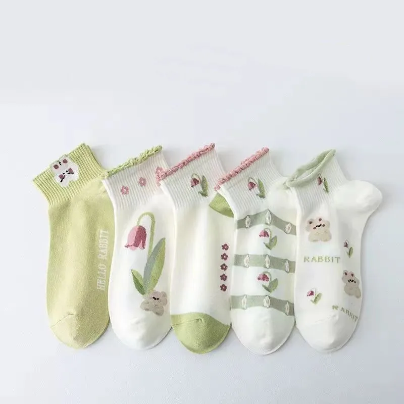 5 Pairs Women Cotton Floral Cartoon Cute Socks Set Spring Summer Female Girls Breathable Students Short Socks Set For Women
