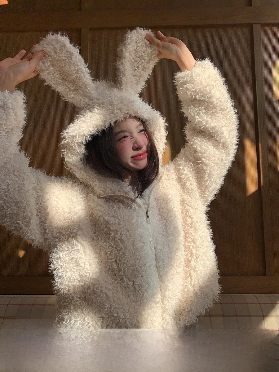 Xinhelp домашняя молодежная меховая верхняя одежда с капюшоном и кроликом для