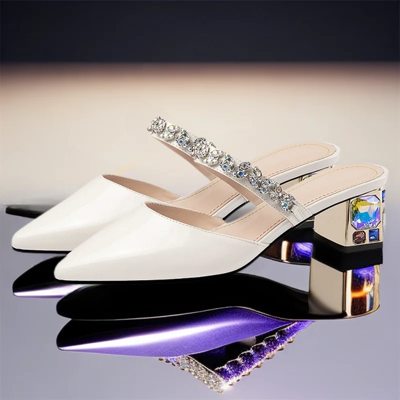 

NKLSA Women's Heels French Style Cow Leather Pointed Toe Crystal Ornament Heeled Sandals Comfortable Non-slip 4.5CM Women Shoes