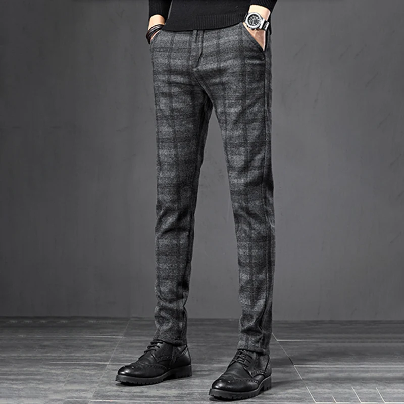 

2022 Зимние Модные клетчатые матовые утепленные Стрейчевые брюки, мужские элегантные деловые повседневные облегающие брюки с флисовой подкладкой