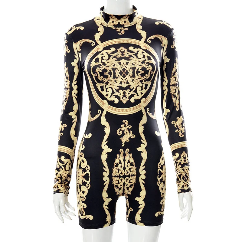SUJYing Women's Fashion 2021 Winter New Print Sexy Round Neck Long Sleeve Tight One-piece Shorts