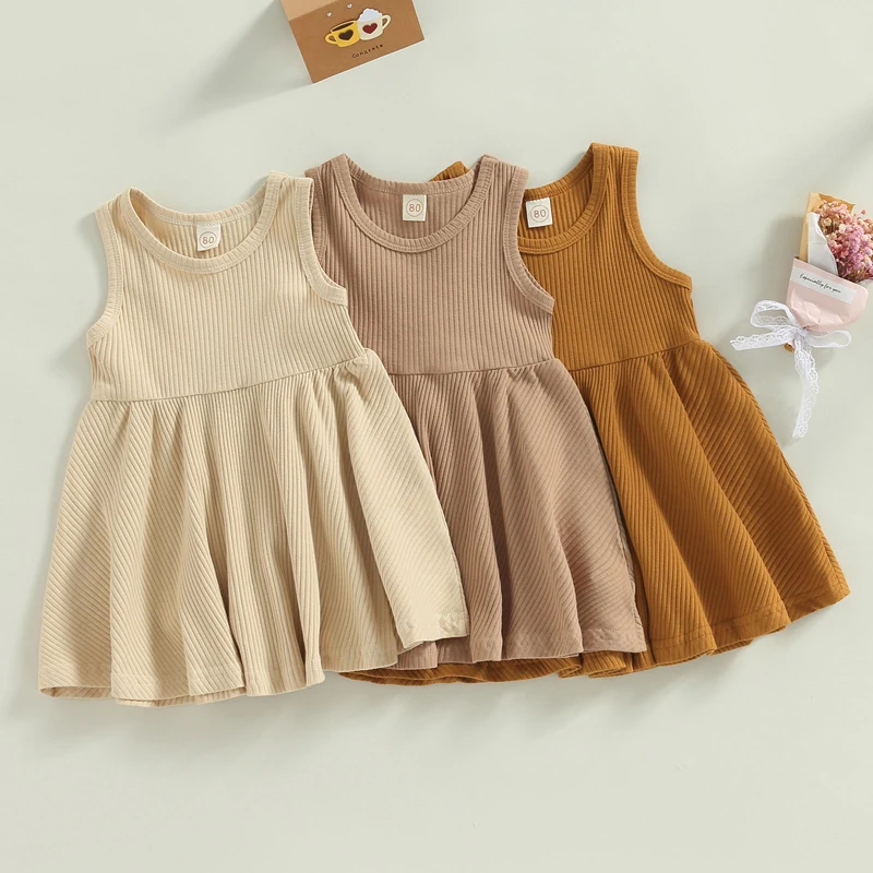

Toddler Kids Baby Girls Summer Dress Sleeveless Crewneck Ribbed Knit High Waist Ruffle Mini Tank Dresses Casual Sundress