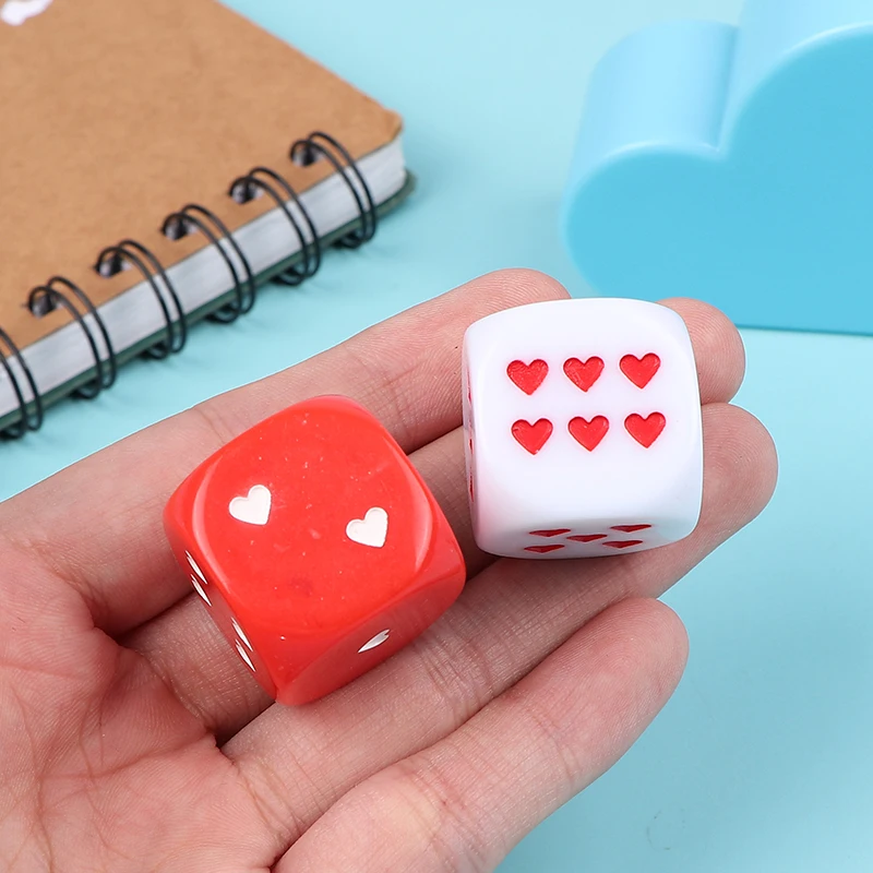 

2pcs New Acrylic Dice 25mm Red White Heart-shaped Pip Dice Game Props Large Size Round Corner Cubes