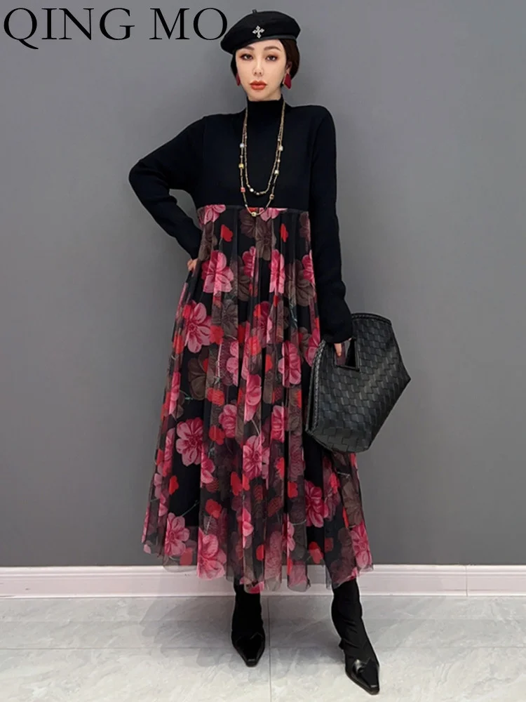 

QING MO 2023 Spring Autumn New Round Neck Black Sweater Splice Floral Skirt Knitted Dress Women Streetwear ZXF888