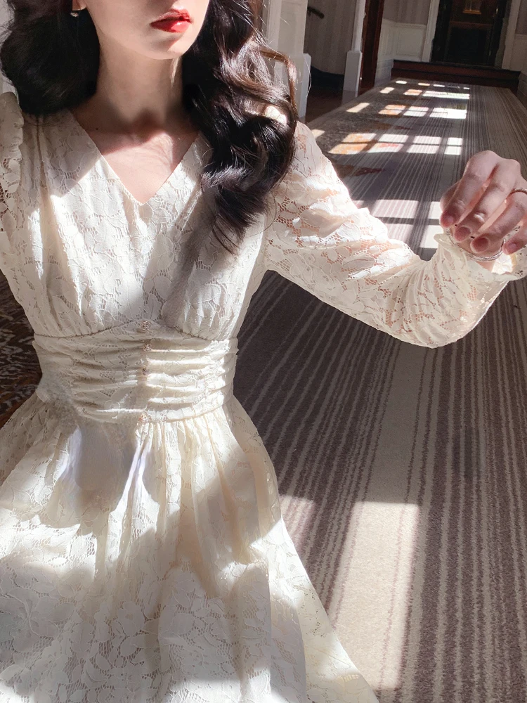 

Кружевное дизайнерское элегантное платье миди, женское однотонное платье с длинным рукавом, повседневное сказочное вечернее праздничное платье, корейская мода, весна-осень
