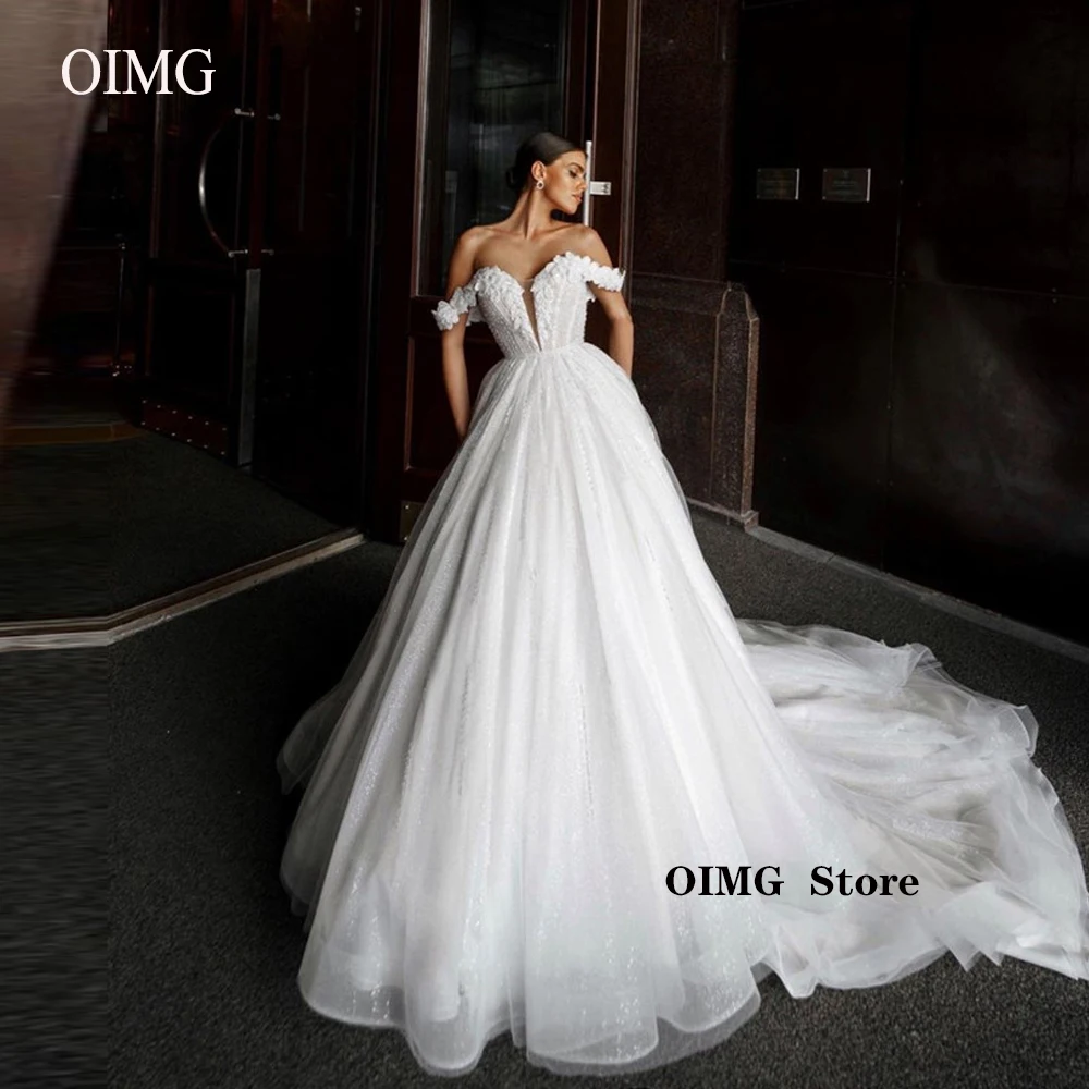 

OIMG Castal A Line Long Train Glitter Wedding Dresses Tulle Off the Shoulder 3D Flowers Vestido de noiva Shiny Bridal Gowns