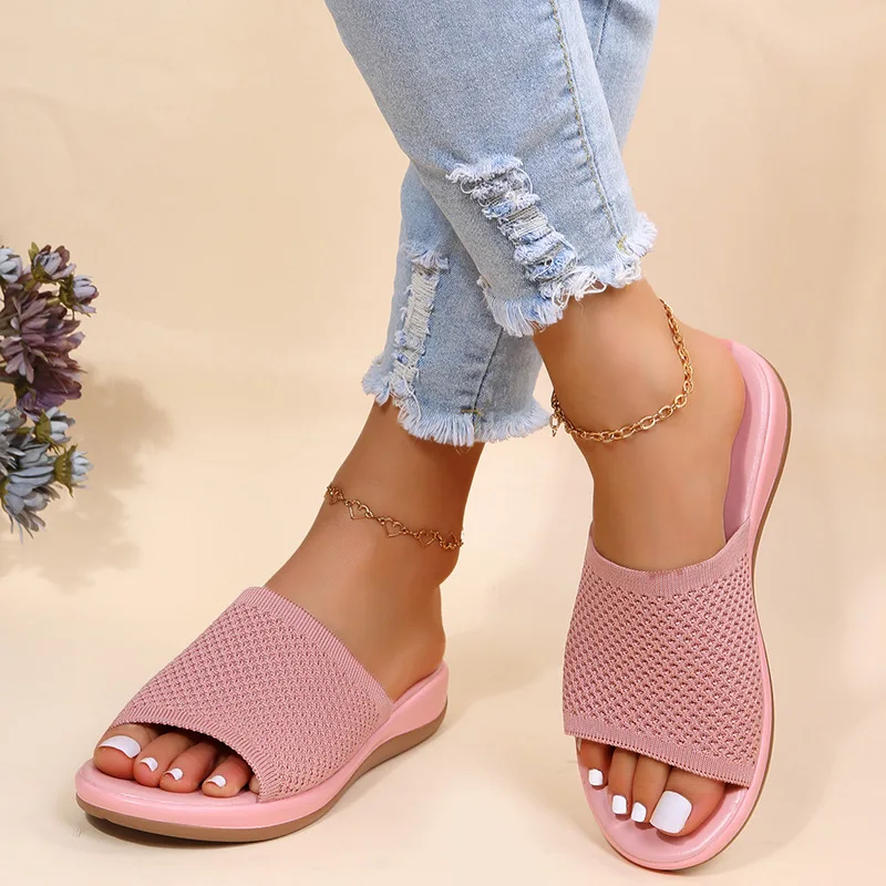 

Comfortable Lightweight Women's Mesh Slippers Fish Mouth Shoes Fly Woven Polyurethane Soft Sole Casual Flat Bottom Flip Flops