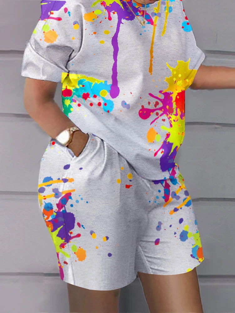 

Summer Woman Two 2 Pieces Sets Print Elegant Short Sleeve Tshirt&Shorts With Pockets Fashion Sport Casual Outfit Female Suits