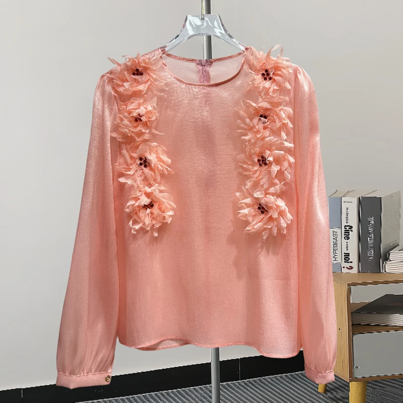 KBQ однотонные шикарные рубашки с аппликацией для женщин круглым вырезом в стиле