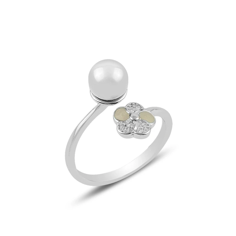

Silver 925 Sterling Pearl & Zircon Cubic Zirconia Flower Ring