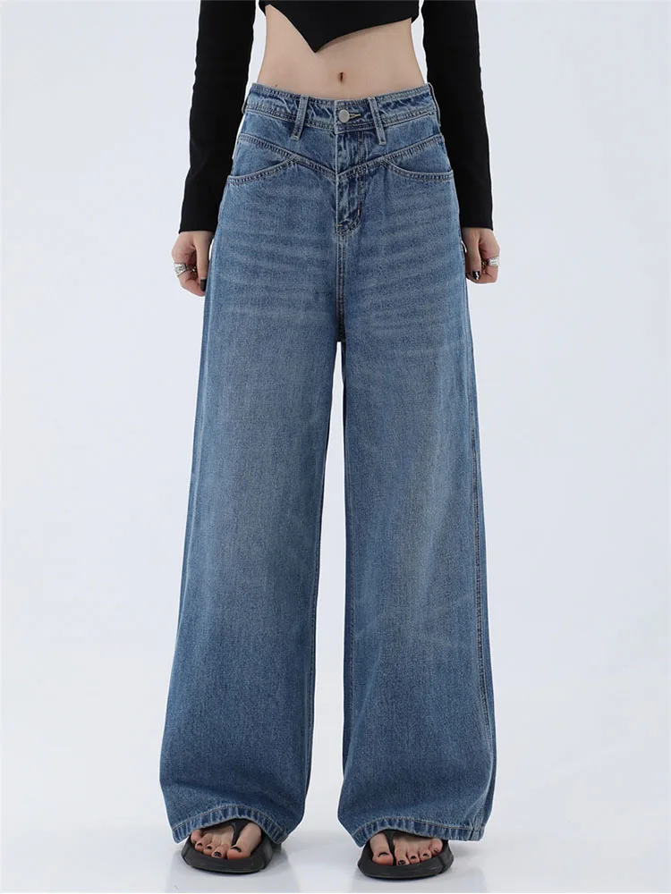 Женские винтажные джинсы с высокой талией Y2k уличная одежда модные синие прямые