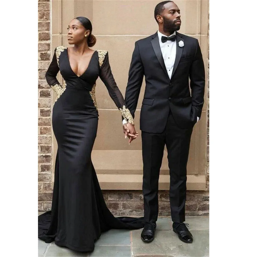

Мужской однобортный пиджак и брюки, черный блейзер с лацканами, Классическая длина, облегающий пиджак и брюки, для свадьбы