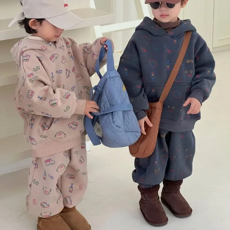 

Детский спортивный костюм с флисовой подкладкой, толстовка с капюшоном и штаны для мальчиков и девочек, зимний теплый комплект из 2 предметов, 2023