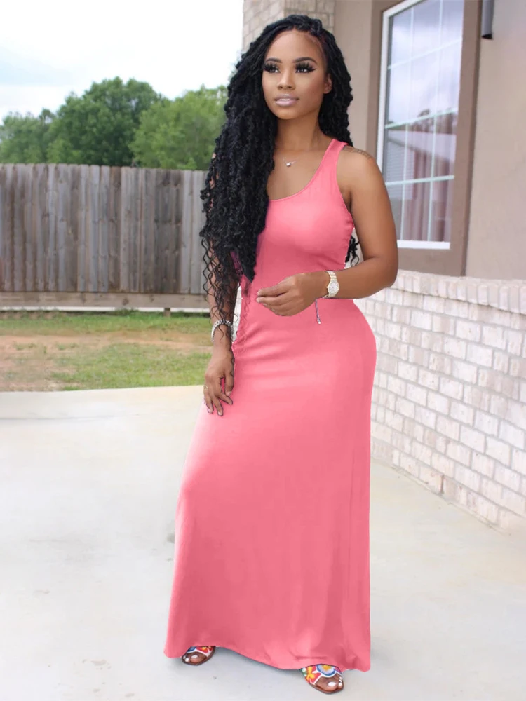 

Balogun Summer Streetwear Maxi Dresses For Women 2022 Sleeveless O Neck Club Black Bodycon Dress Party White Pink Long Dress