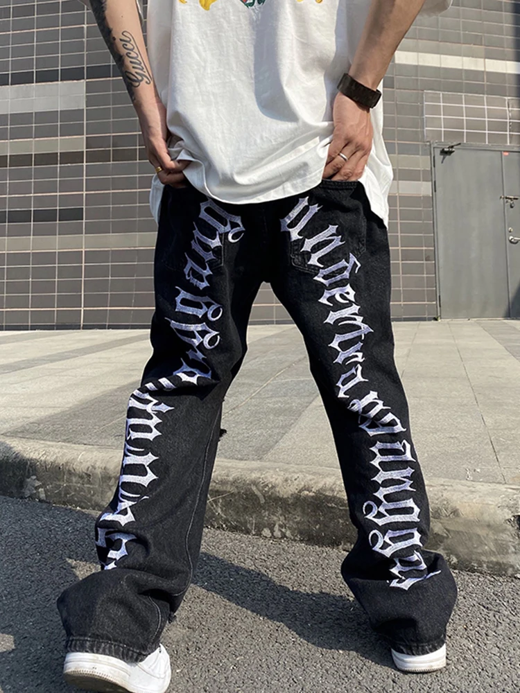 New Jeans Men's Brand Clothing Korean Hip-hop Hole Embroidery Oversized S-4XL Straight Black Trousers Fashion Men’s Streetwear