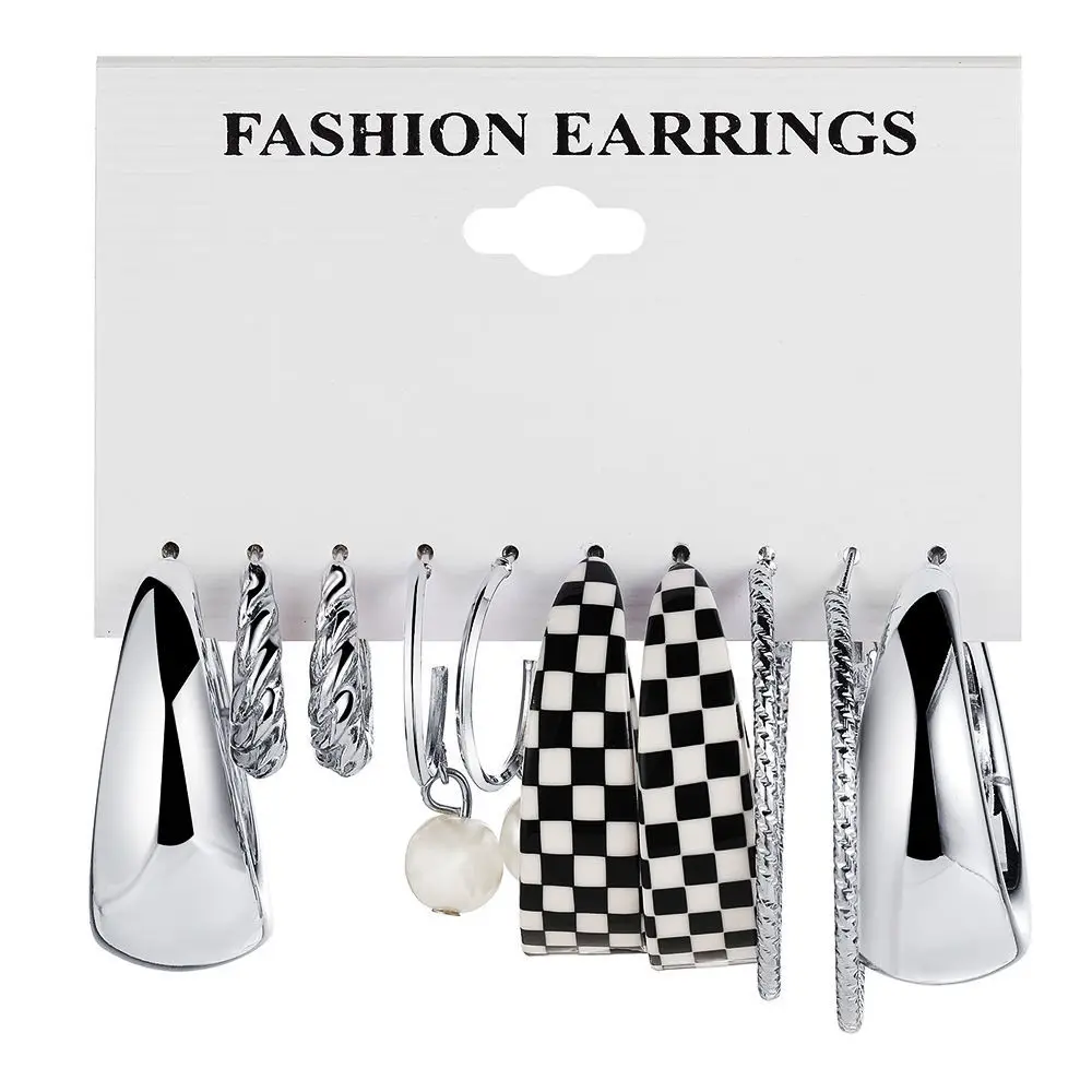 

5 Pairs Silver C Earrings, Checkerboard Dangler, Trendy Eardrop for Women Girls