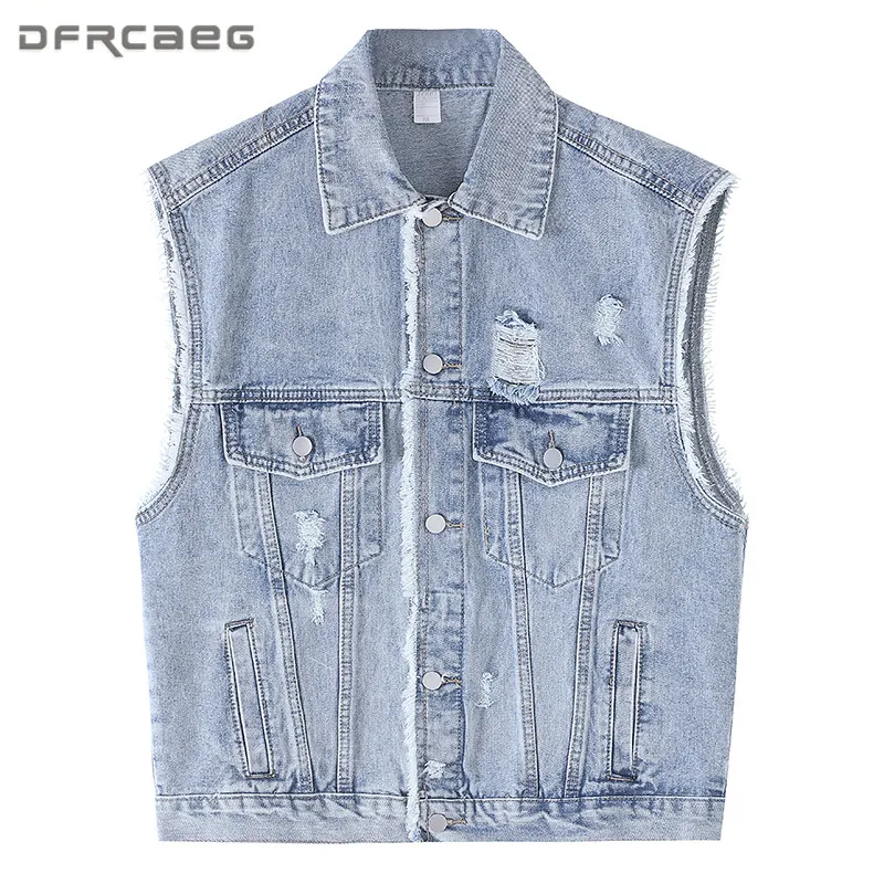 

Женская джинсовая куртка без рукавов, винтажная свободная жилетка с дырками, джинсовый жилет с заусенцами, уличная одежда, лето 2022