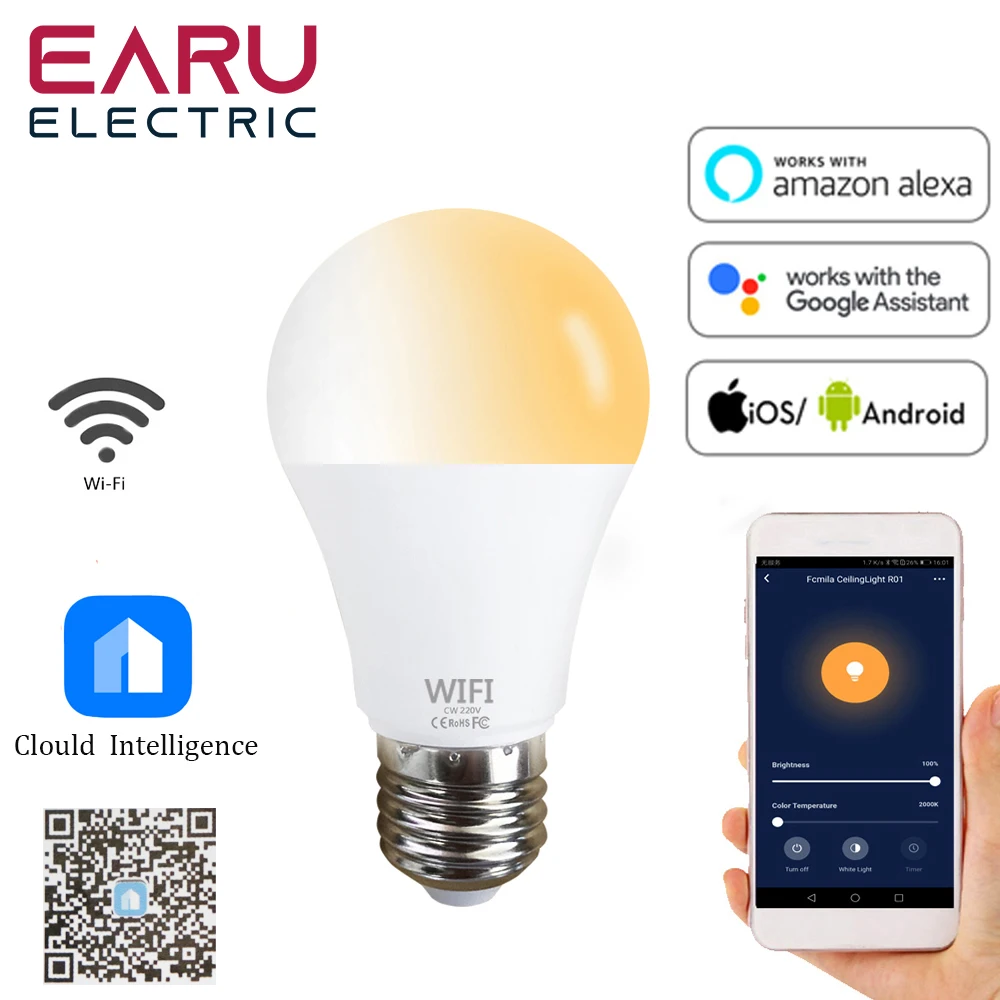 

Dimmable 15W B22 E27 WiFi Smart Light Bulb LED Lamp App Operate Alexa Google Assistant Control Wake up Smart Lamp Night Light