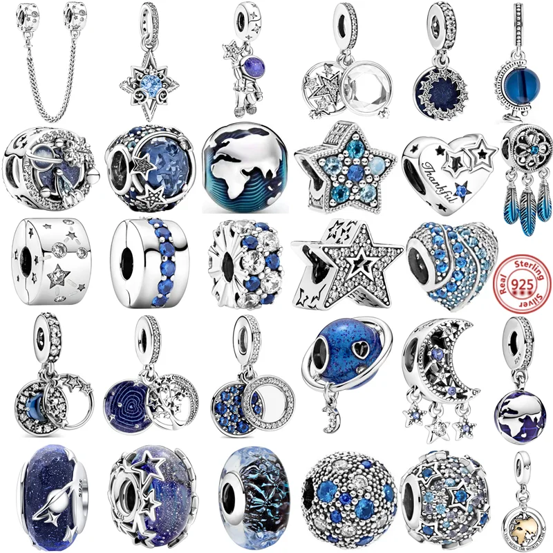 

Бусины из муранского стекла для браслета Pandora, небесно-голубые бусины из муранского стекла с изображением астронавта, планеты, звезд, Луны, подходят для оригинальных шармов-браслетов из серебра 925 пробы