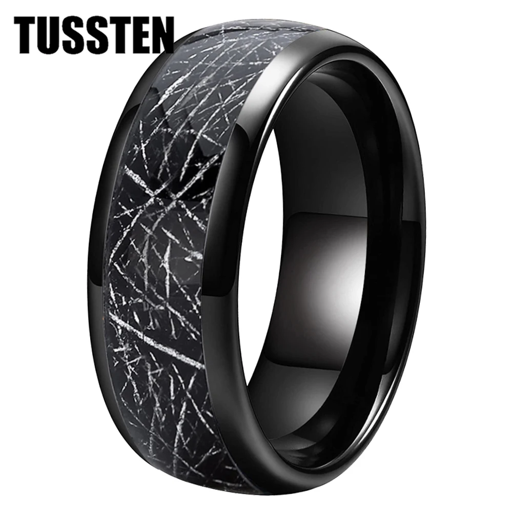 

Dropshipping TUSSTEN 8MM Cool Black Meteorite Ring Men Women Tungsten Carbide Wedding Band Domed Polished Comfort Fit