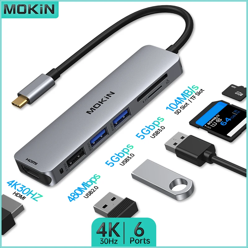 

Док-станция MOKiN 6 в 1 для MacBook Air/Pro, iPad, ноутбука Thunderbolt — USB2.0, USB3.0, HDMI 4K30 Гц, SD, TF — универсальный концентратор