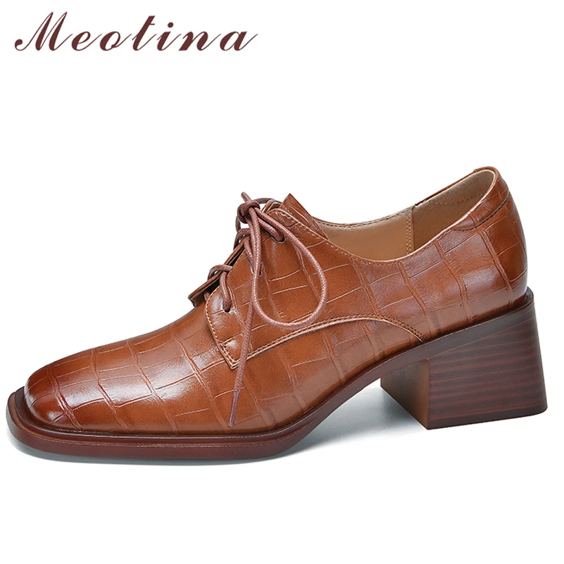 Meotina Genuine Leather Women Loafers Thick Heels Square Toe Pumps Lace Up High Heel Ladies Footwear Spring Brown Oxfords Shoes
