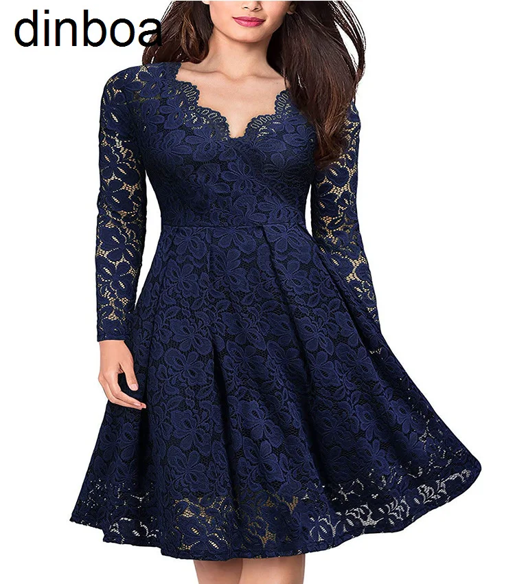

Dinboa 2022 Spring and Summer Hot Selling Women's Elegant Lace Dress Long Sleeve V-neck Pleated Flower Design Women's Dress