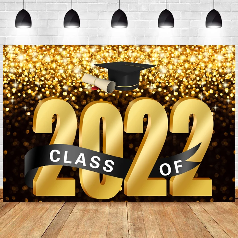 

Class of 2022 Graduation Party Backdrop Black Golden Glitte Congrats Grad Photography Background Prop Gold Dots Photo Banner