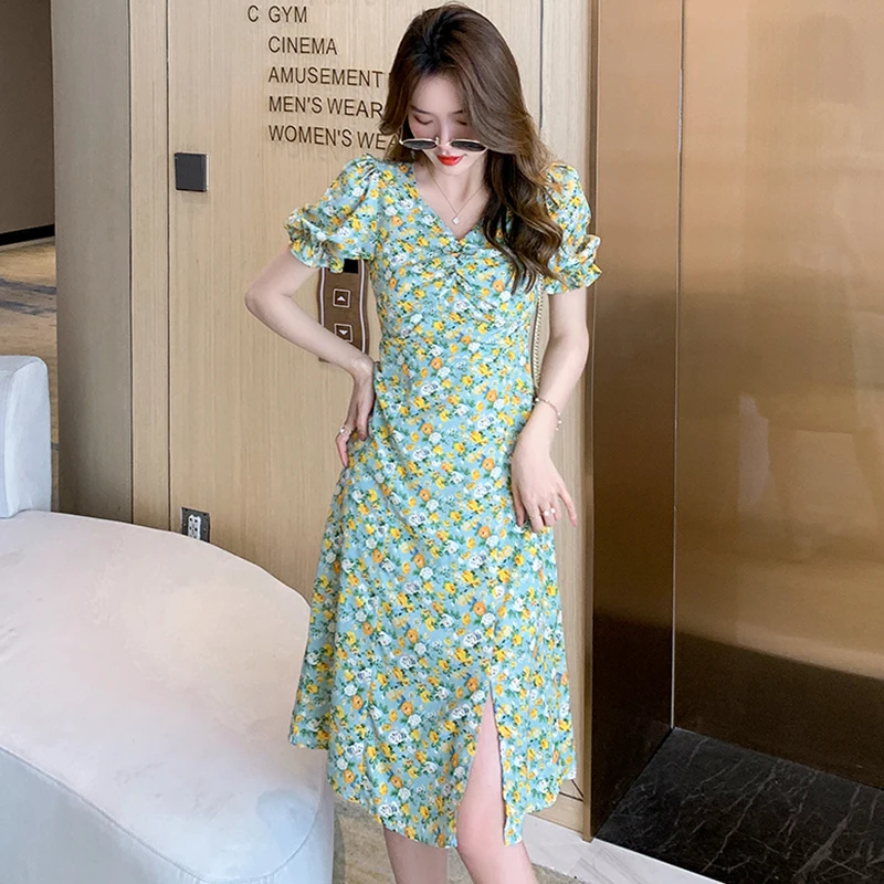 

2022 Floral Chiffon Short Sleeve Slit Midi Dress Women Sweet Casual Boho Beach Vacation Dress Summer Elegant Bodycon Party Dress