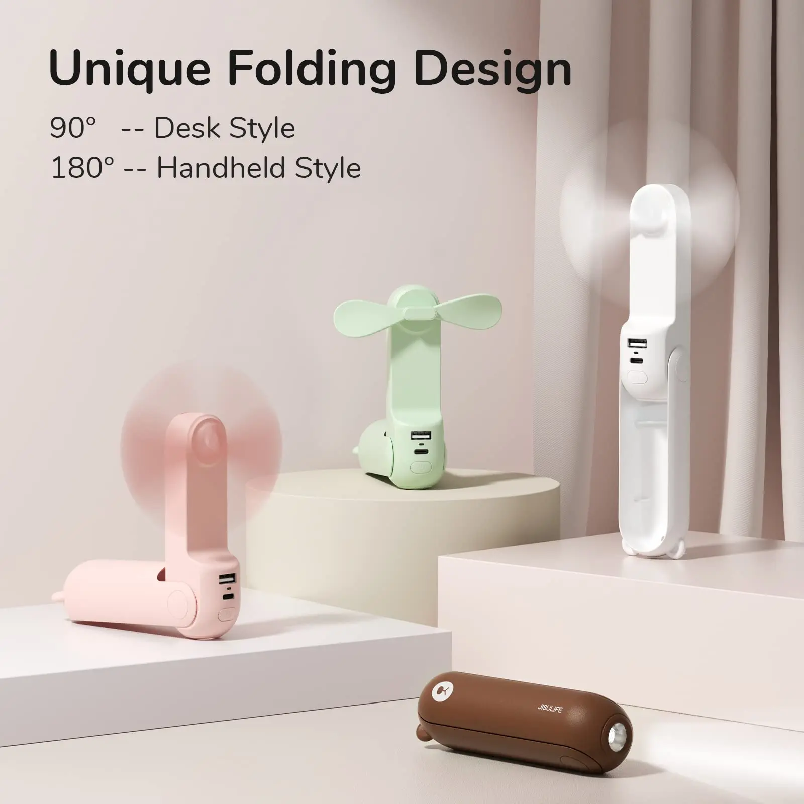 

3 IN 1 Handheld Fan, USB Rechargeable Mini Portable Small Pocket Fan with Power Bank, Flashlight Feature for Eyelash, Makeup, O