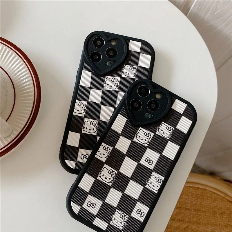 

Hello Kitty Luxury Fashion Leather Phone Cases For IPhone 13 12 11 Pro Max XR XS MAX 8 X 7 2022 Lattice Drop Protection Case