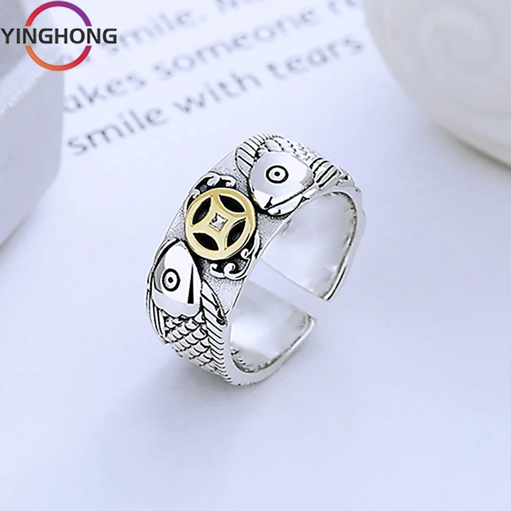 

Quexiang 2023 New S925 Sterling Silver Gold Dragon Fish Copper Coin Thai Silver Ring Vintage Luxury Jewelry Gift